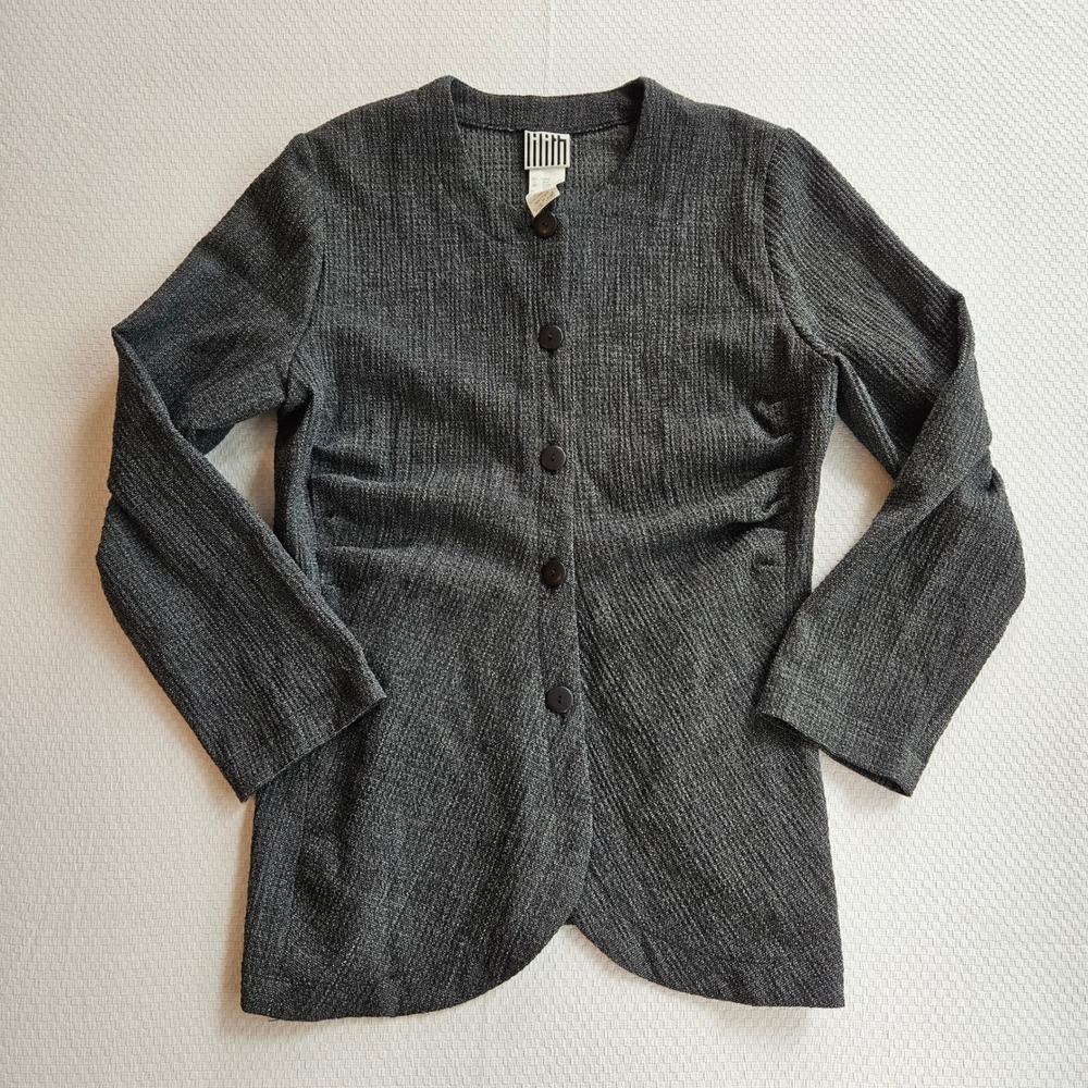 Lilith French Gray Wool Ruched Button Front Lightweight Jacket Size L Minimalism